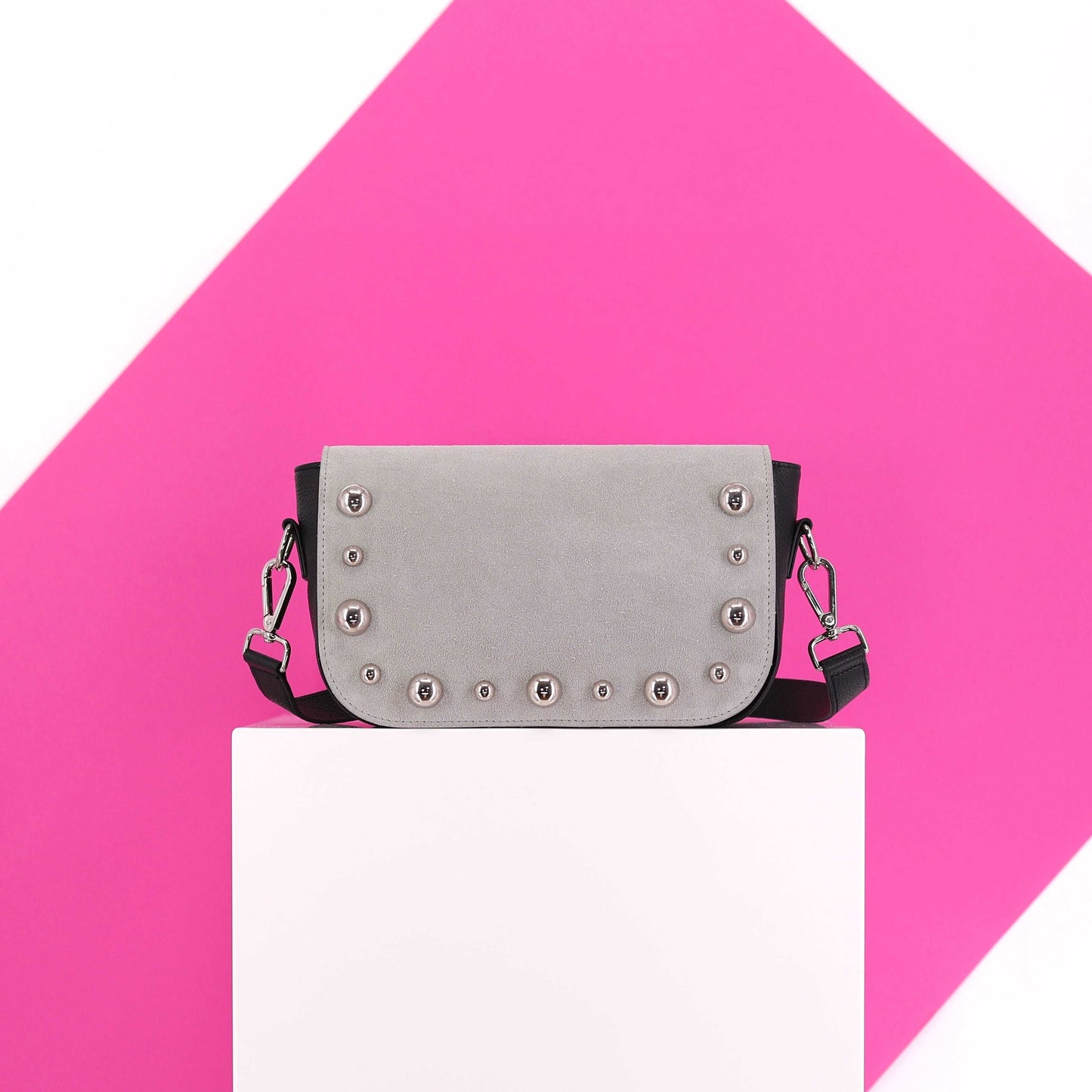 BRONX flap suede leather with silver studs grey small