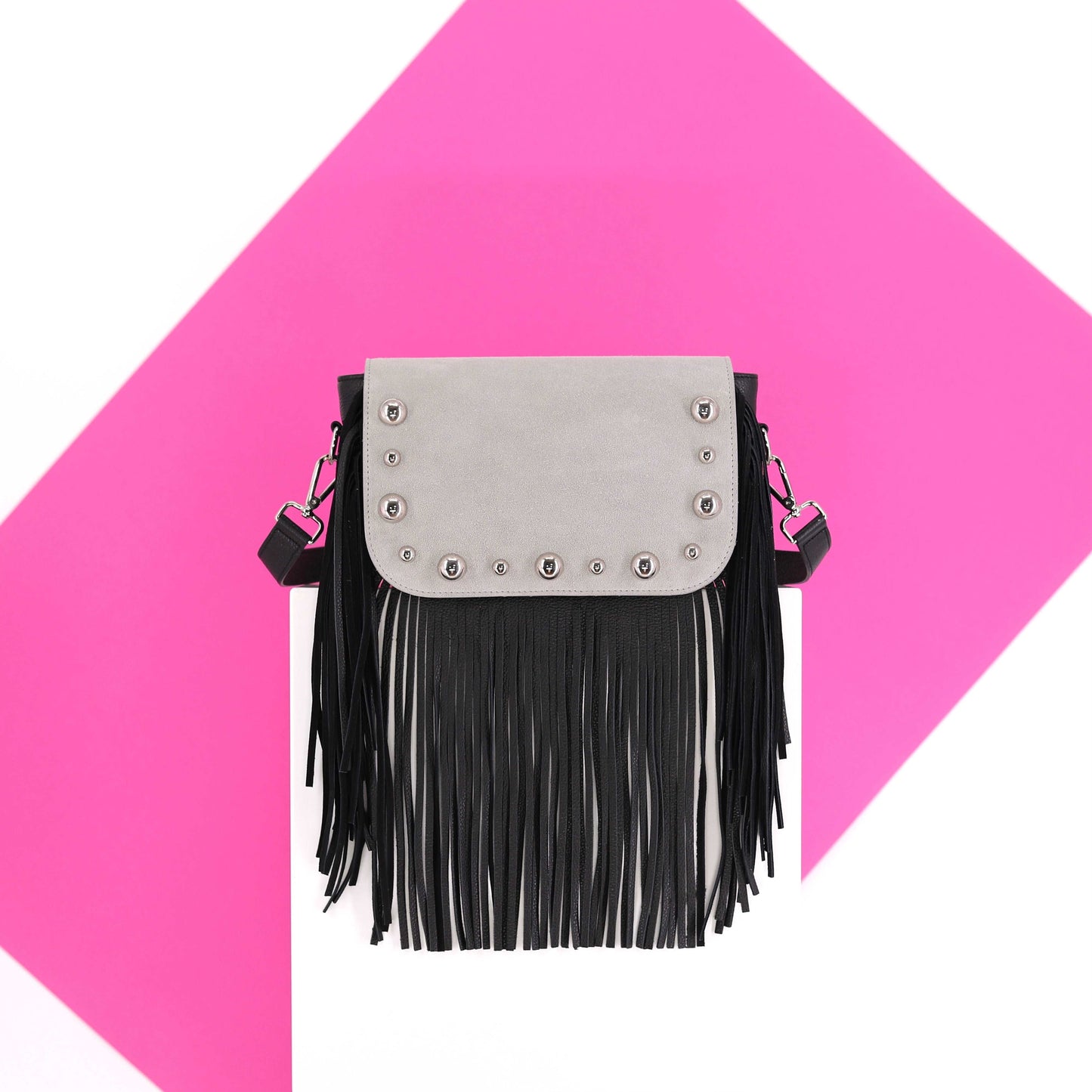 BRONX flap suede leather with silver studs grey small