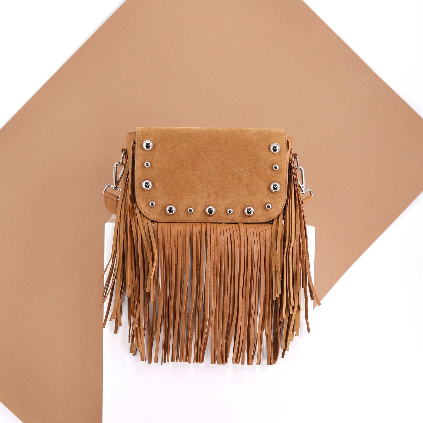 BRONX flap suede leather silver studs caramel small
