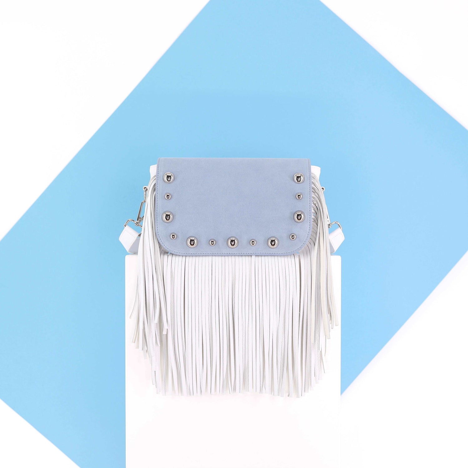 BRONX flap suede leather light blue silver studs small