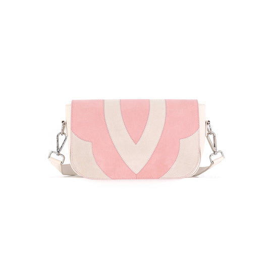 FREE SPIRIT patchwork flap suede leather off-white pink small