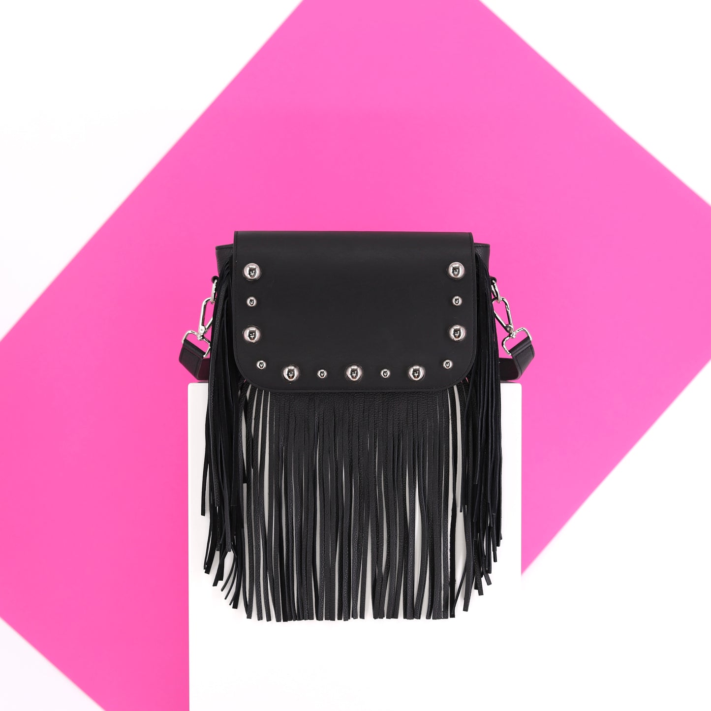 GABRIELLE handbag with fringes genuine leather black small
