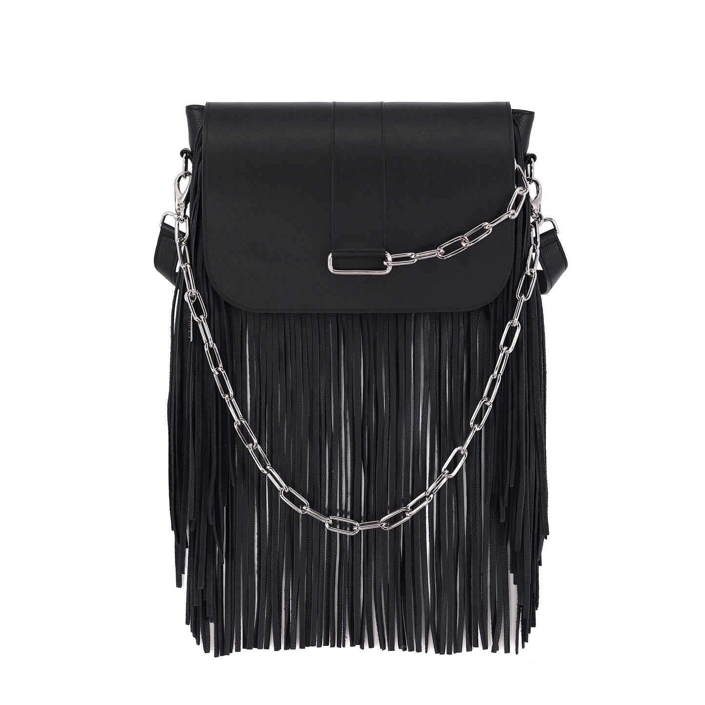 GABRIELLE handbag with fringes genuine leather black medium