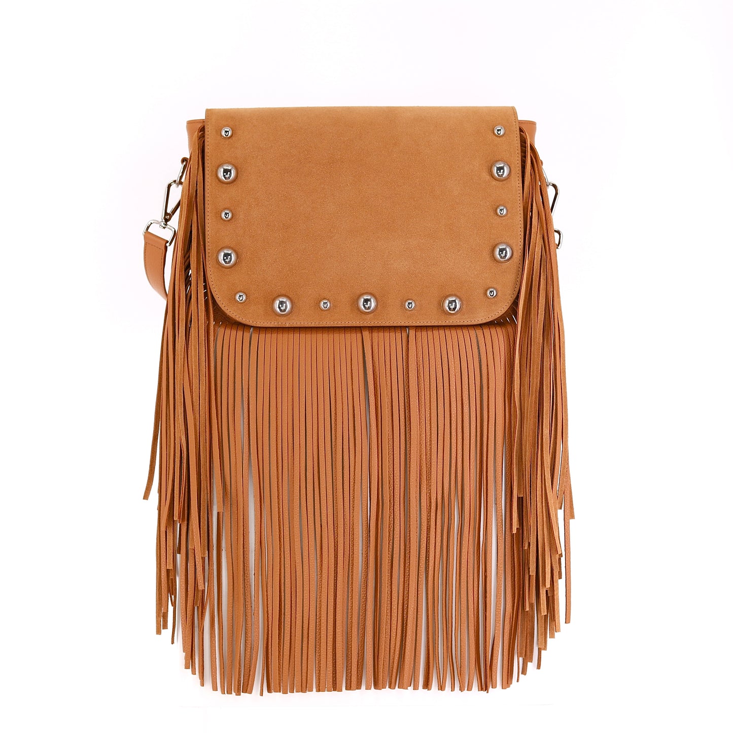 GABRIELLE handbag with fringes genuine leather caramel medium