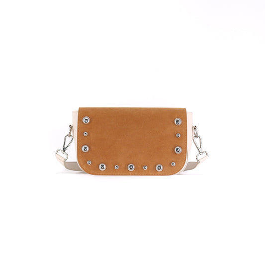 BRONX flap suede leather caramel with studs small