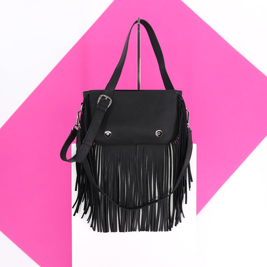 GABRIELLE handbag with fringes genuine leather black small
