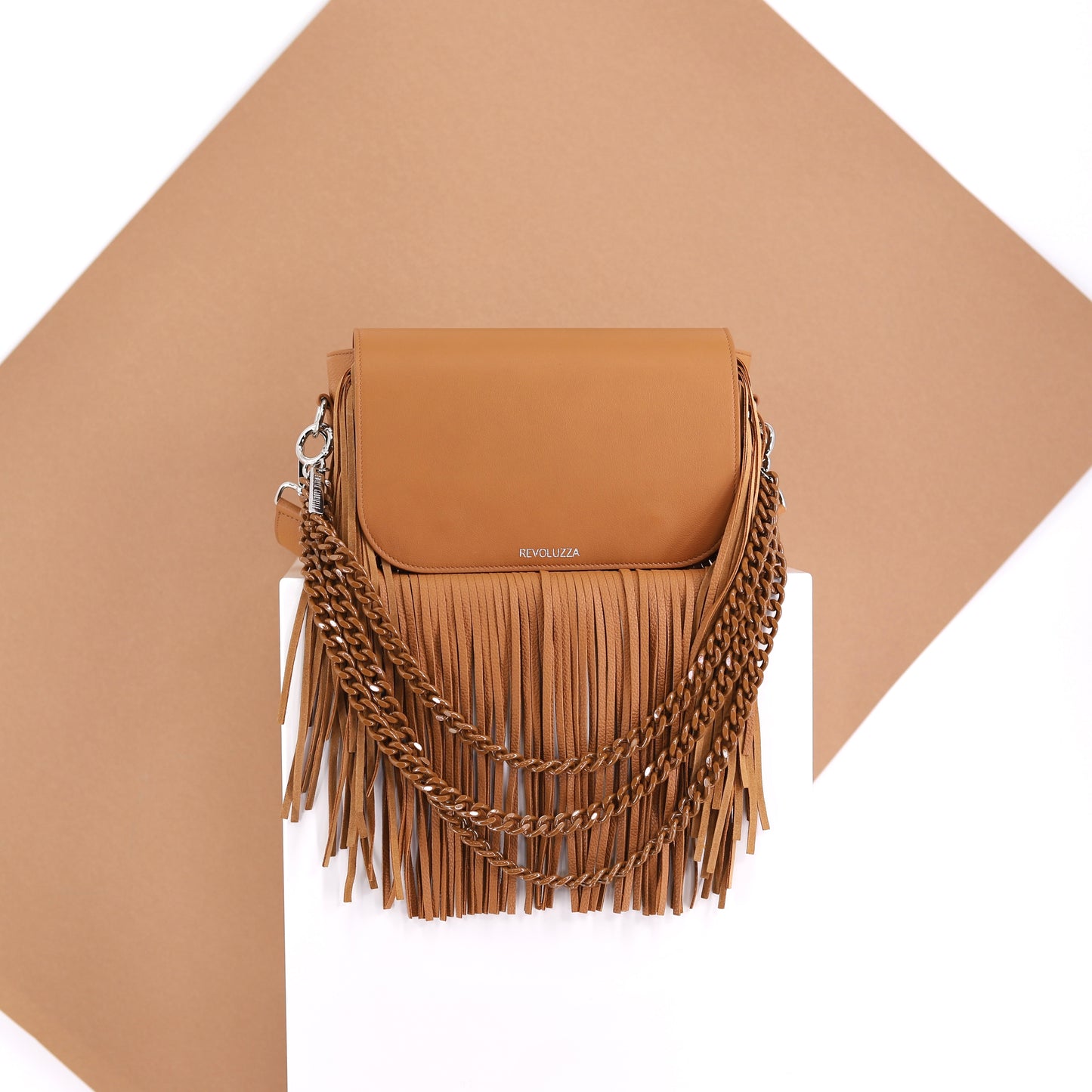 GABRIELLE handbag with fringes genuine leather caramel small