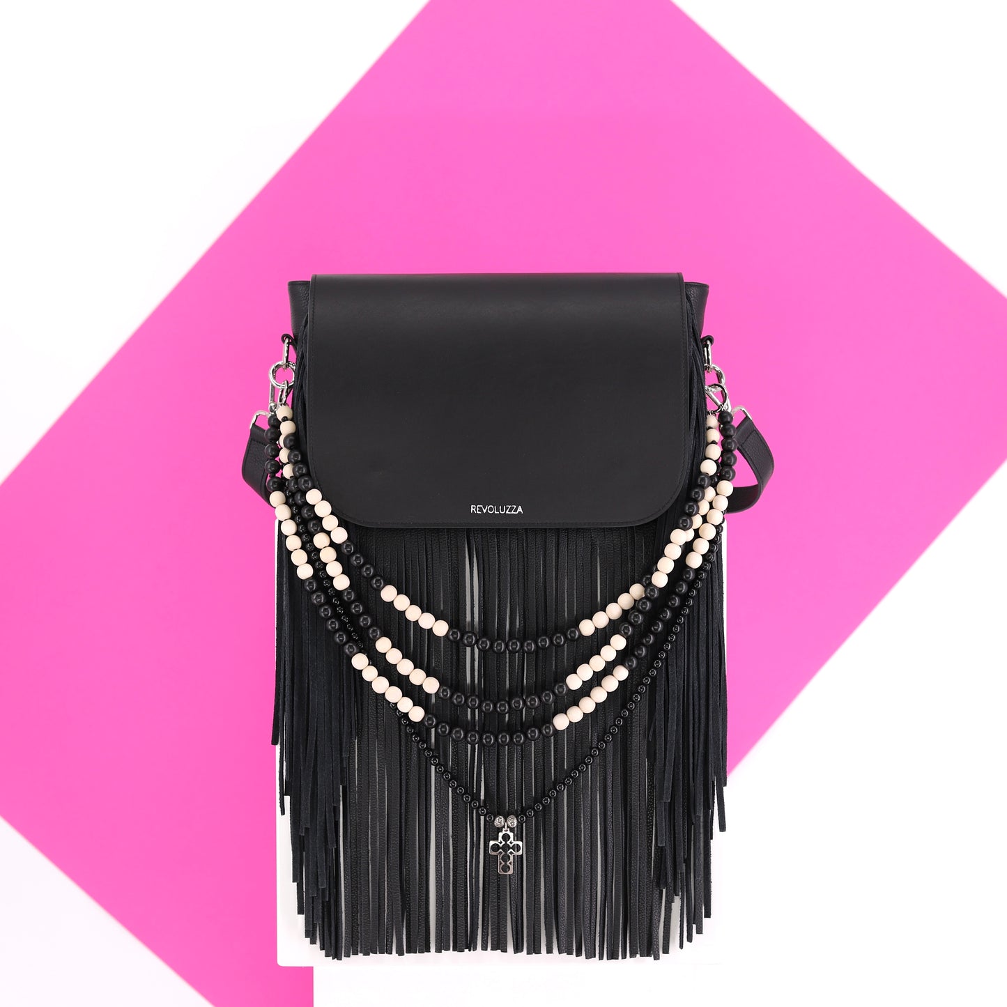 GABRIELLE handbag with fringes genuine leather black medium