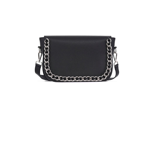 CHAIN ME UP flap genuine leather black with silver chain small