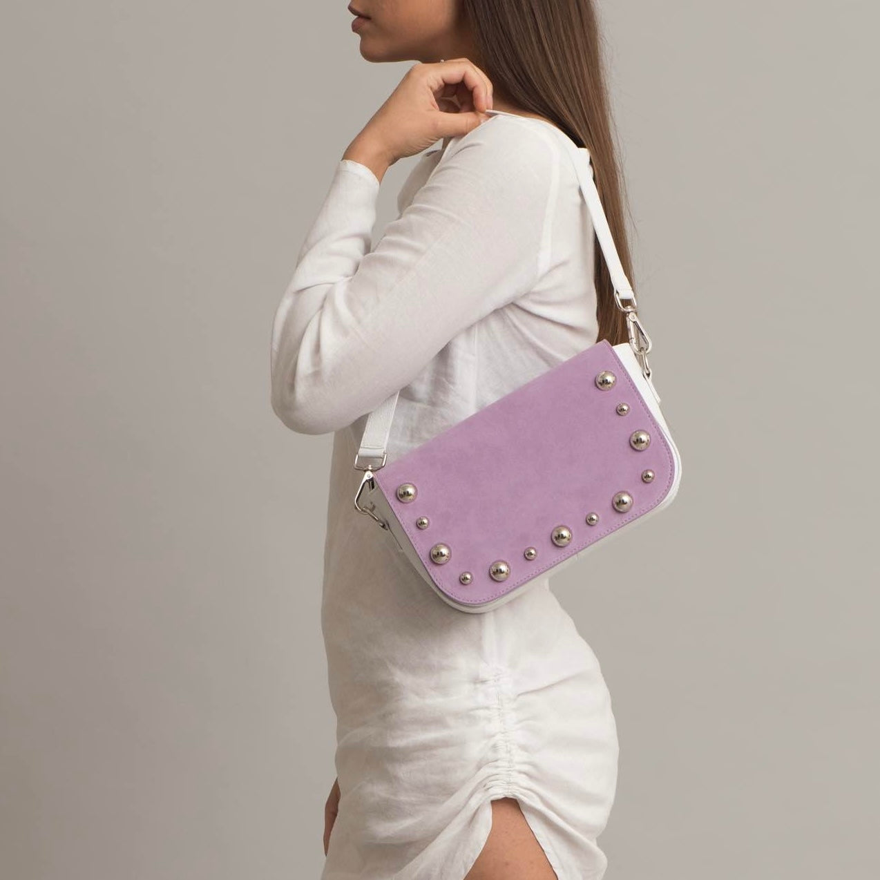 BRONX flap suede leather violet with studs small