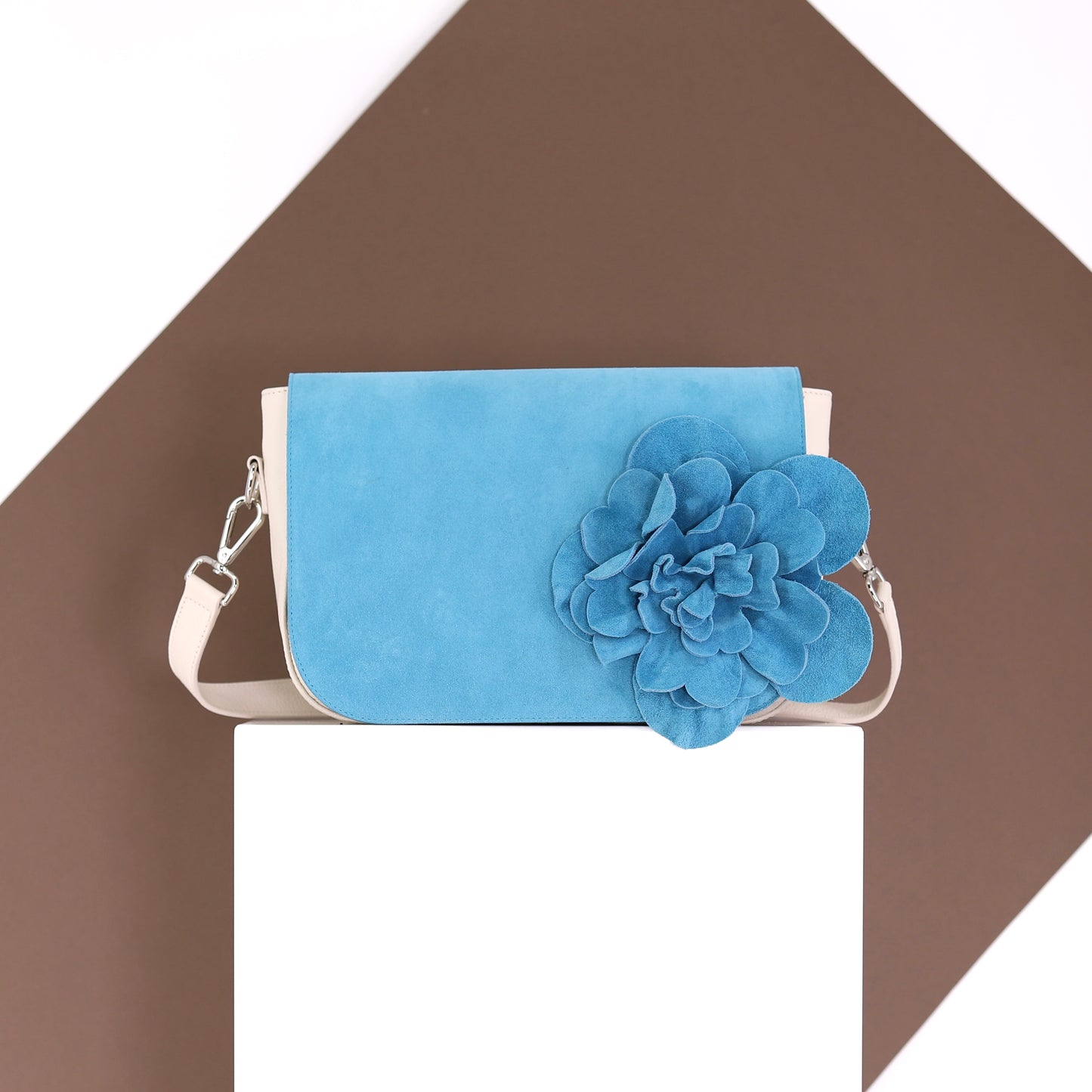 FLOWER POWER flap suede leather mediterranean blue medium - PREORDER