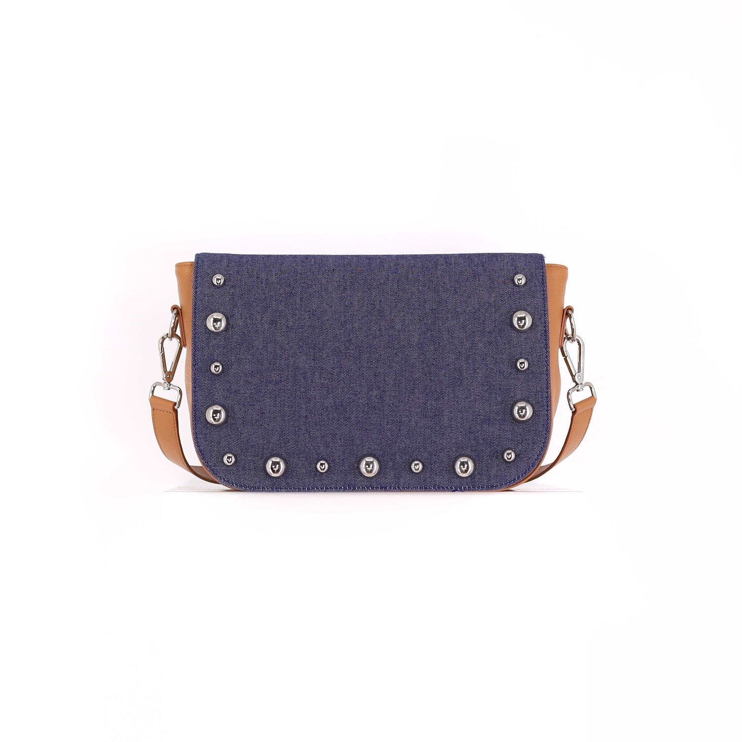 BRONX flap in a dark blue jeans fabric with studs medium