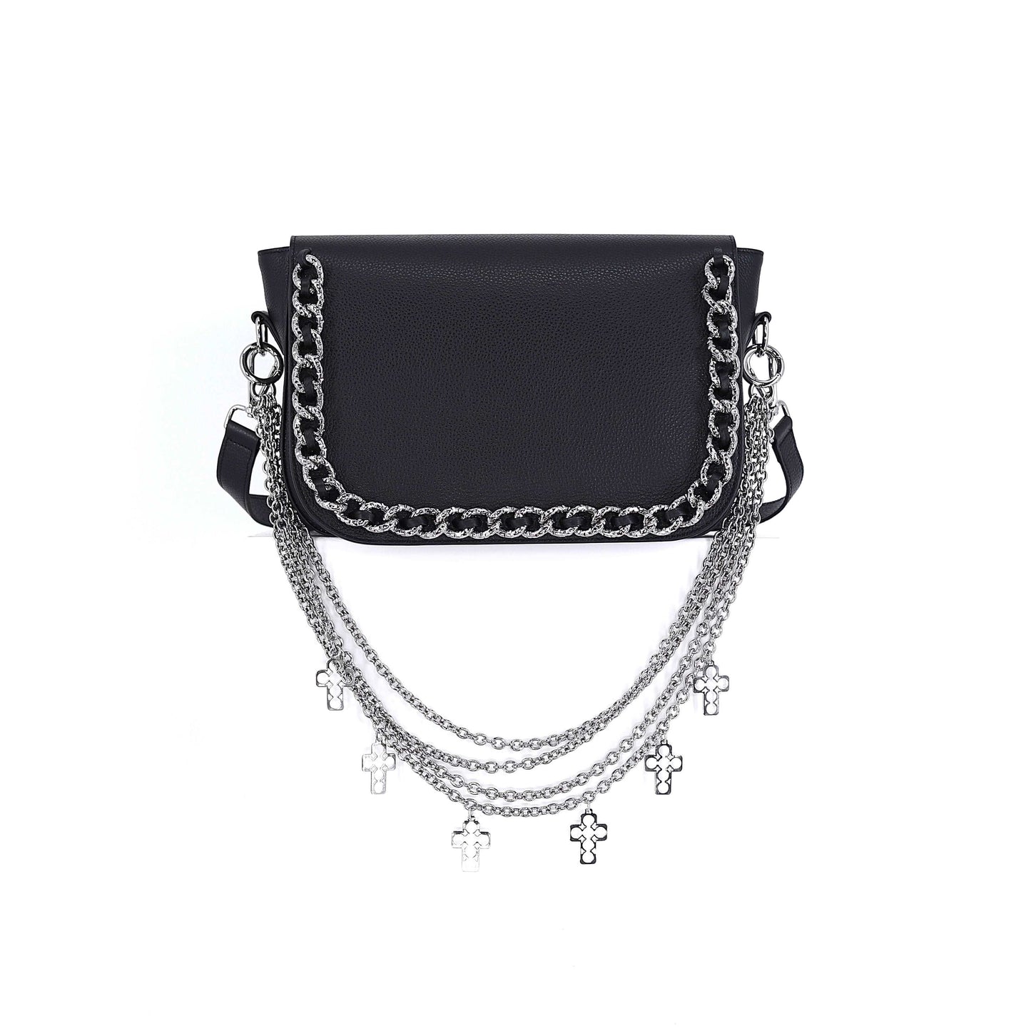 CHAIN ME UP flap genuine leather black with silver chain small