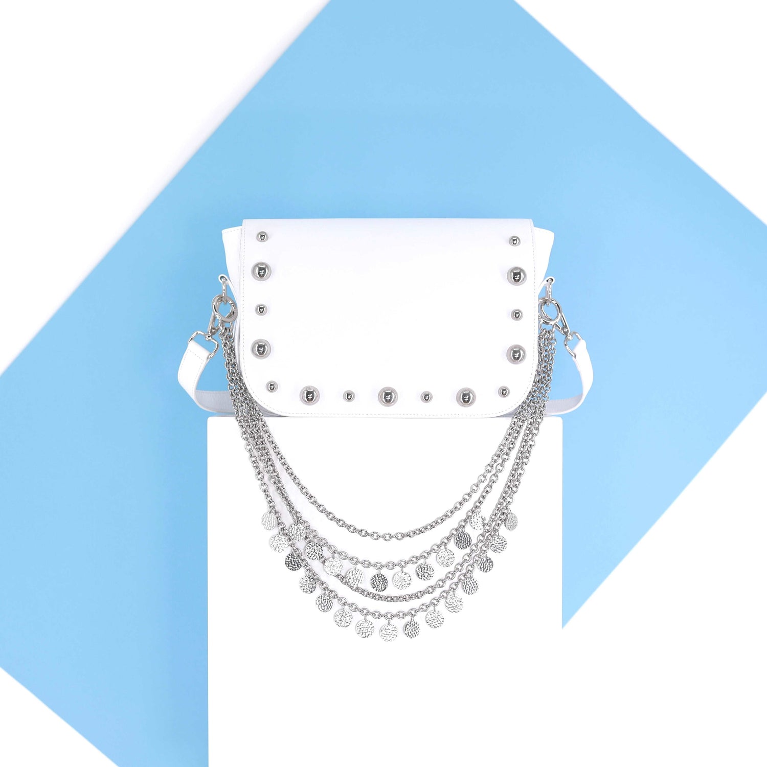 BRONX flap genuine leather white with studs medium