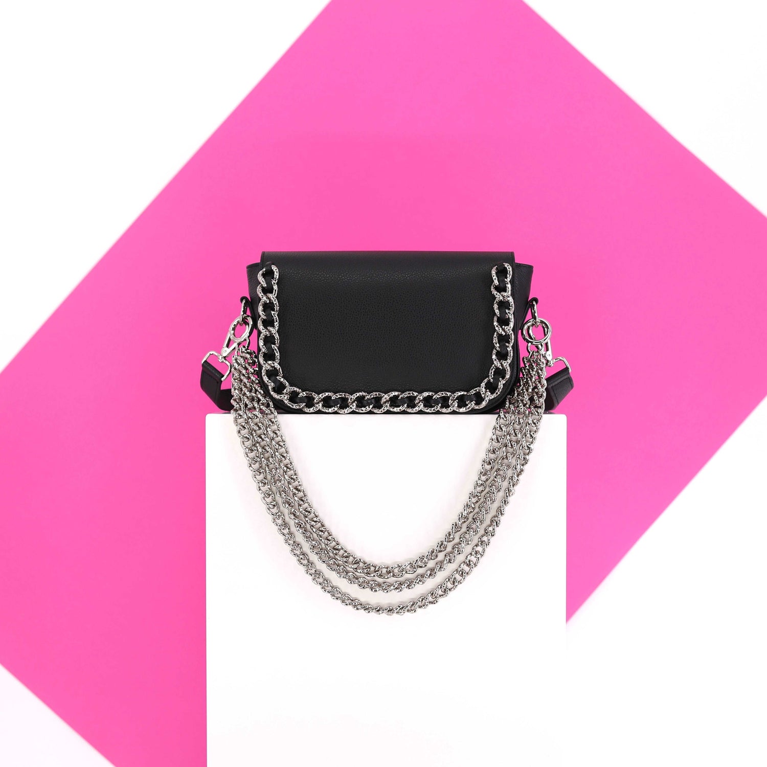 CHAIN ME UP flap genuine leather black with silver chain small